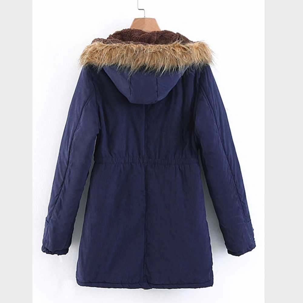 Hooded Faux Fur Drawstring Navy Parka Jacket - Picture 2 of 11